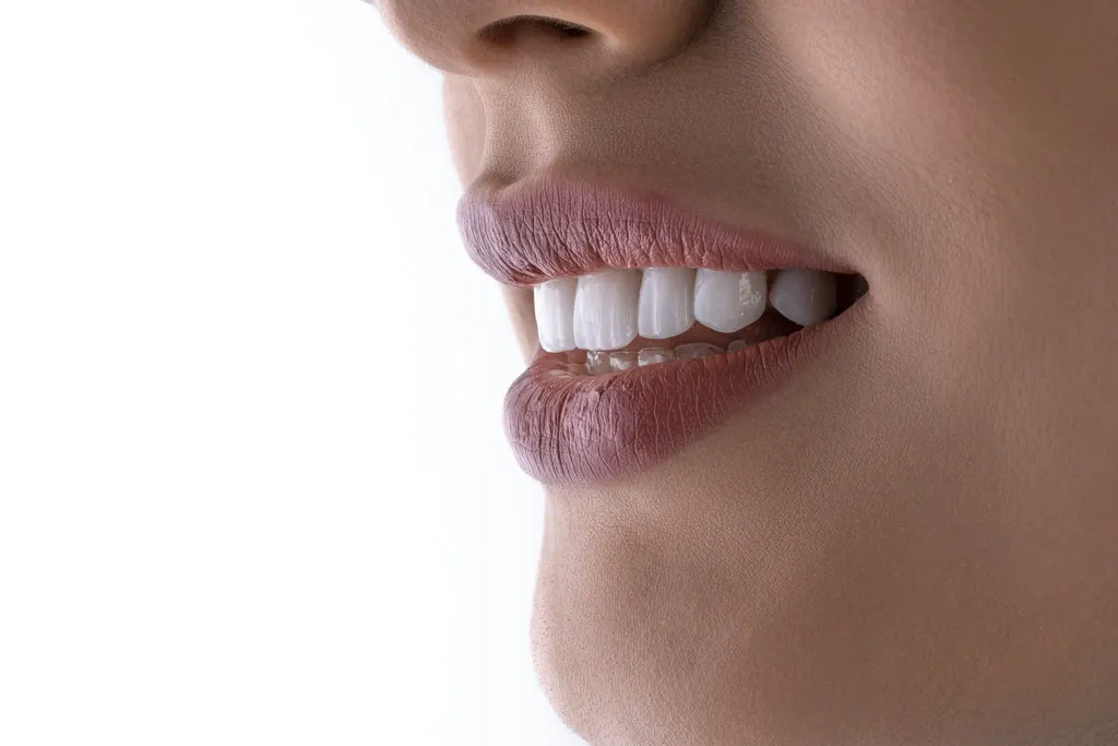 Detalhe de um sorriso em perfil sobre fundo branco, usado para ilustrar os critérios de análise estética.